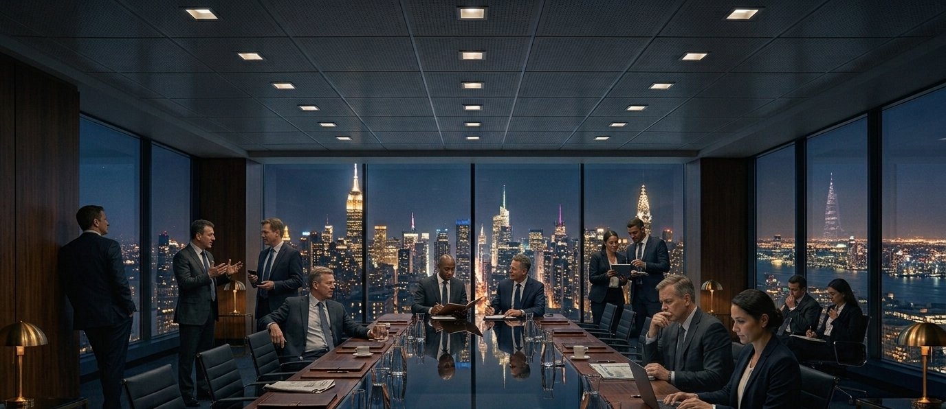Two people shaking hands across a desk in an office